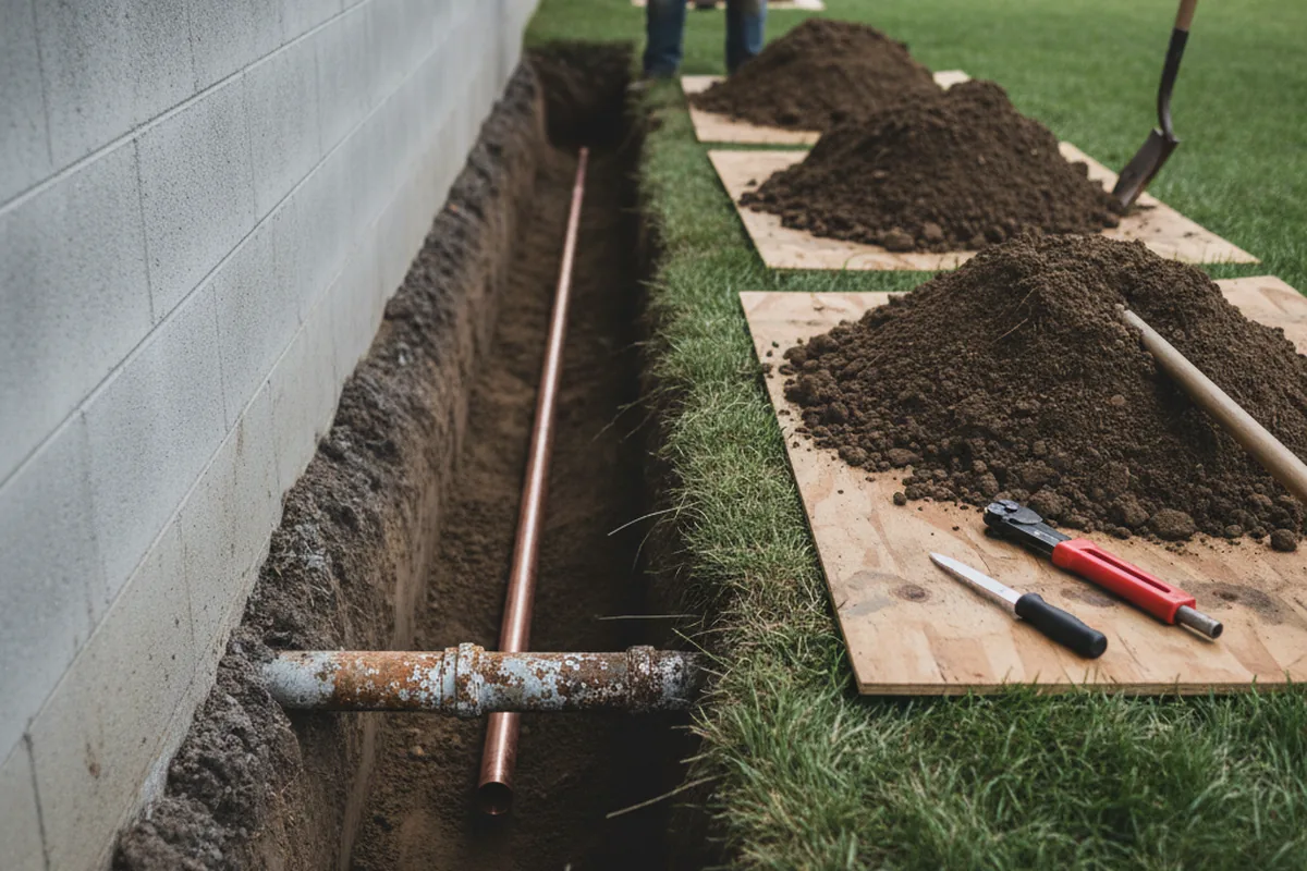 Excavated water line trench during Water Softener Installation in Castalia